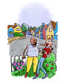 Kleurrijke huizen in Lachland met twee mannen die hun buik moeten vasthouden van het lachen