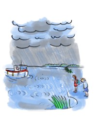 Het onweert en Meral en Jop zien een boot op het water schommelen